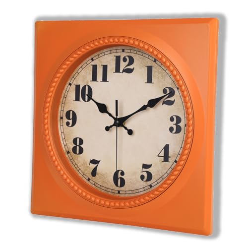 Alarllok Orange Retro Wall Clocks Battery Operated 12 Inch- 1950s Style Square Vintage Clock for Kitchen Living Room Home Decor