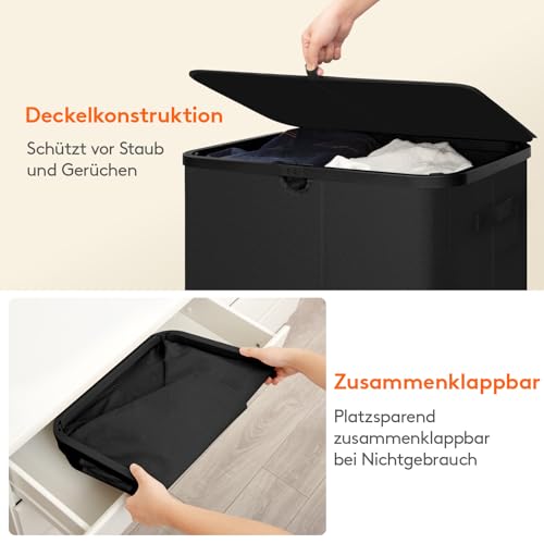 Lifewit Wäschekorb 145L mit Deckel, Großer Wäschesammler aus Kunststoff, Fächer Wäschebox Laundry Basket für Bad, Schlafzimmer, Waschraum, Schwarz