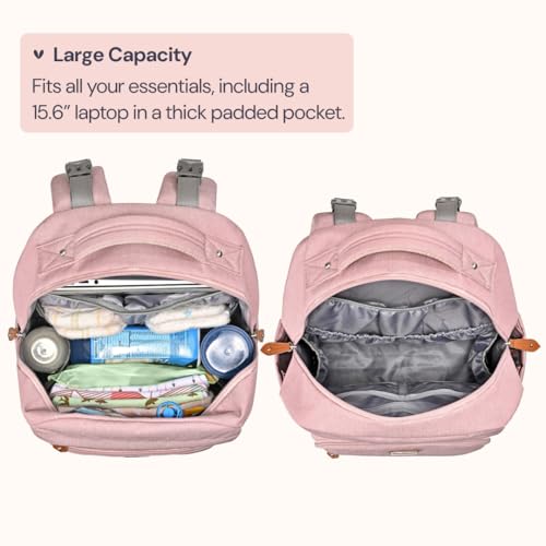 BabbleRoo Baby Diaper Bag Backpack, Unisex Bags with Changing Pad, Pacifier Case & Stroller Straps, Multifunction Waterproof Travel Back Pack for Boys Girls (Pink)