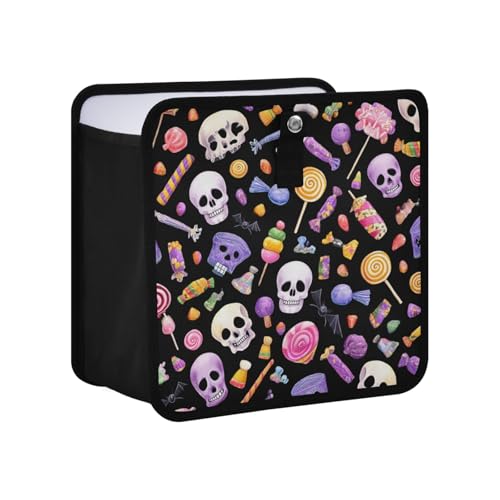 Image of Car Trash Can Organizer Bin with Adjustable Strap for Back Front Seat Console Waterproof Leakproof Collapsible Portable 11 Inch Halloween Skulls Lollipops Candies