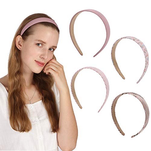 Folora 4pcs Premium 1 Inch Wide Solid Color Floral Plaid Headband Set for Women Girls, Pink