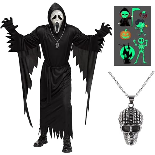 Disfraz de Scream para niños y niñas de 12-13, 13-14 años con máscara, collar, calcomanías, disfraz de cara de fantasma para niños, disfraz de Halloween aterrador, capa negra, disfraz de fantasma para