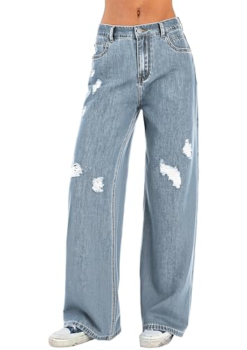 Auravista Women Distressed Straight Leg Jeans Lightweight Baggy Jeans High Waist Boyfriend Streetwear Vintage Denim Summer Pants