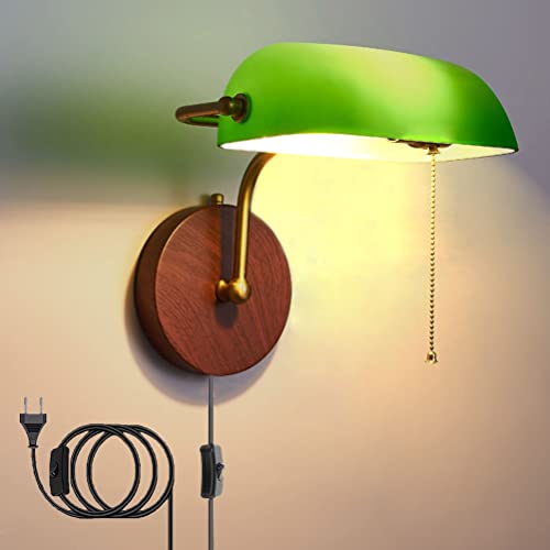Vintage Wandleuchte mit Schalter und Stecker Banker Wandlampe Verstellbarer Grün Glas Schirm E27 Fassung Schlafzimmer Nachttischlampe Wand Leselampe mit Kabel Retro Wandbeleuchtung Innen Bankerlampe Cover