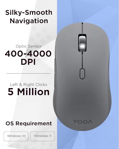 Image of Lenovo Yoga Bluetooth Silent Mouse, 3 Level DPI Adjustment, 36 Month Battery Life, Bluetooth 5.3, 3 Device Paring, Whisper Quiet, Programmable Buttons, Smooth Finish, Luna Grey