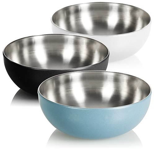 com-four® 3 ciotole in acciaio inox - ciotola da cucina multifunzionale per snack o insalate - ciotola in metallo con rivestimento esterno - circa 3 L (3 pezzi - Ø 24 cm - 3 colori)