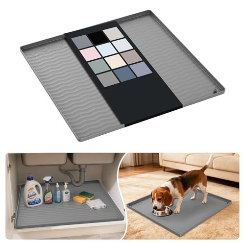 Image of URMONA Waterproof Silicone Under Sink Mat 22'' x 22'' Shelf Liner for Kitchen and Bathroom, Cabinet and Counter Protector, Storage and Organizers, Litter Mat, Pet Cat Puppy Essentials(Beige)