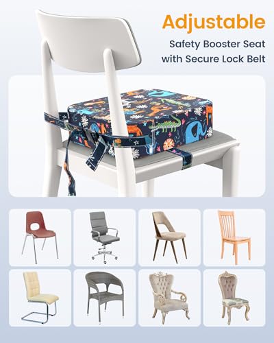Image of Toddler Booster Seat for Dining Table and Kitchen Chair - Adjustable Safety Straps, PU Leather, Non-Slip, Easy to Clean, Portable Travel Foam Booster Cushion for Kids & Toddlers ((Blue-Animals)