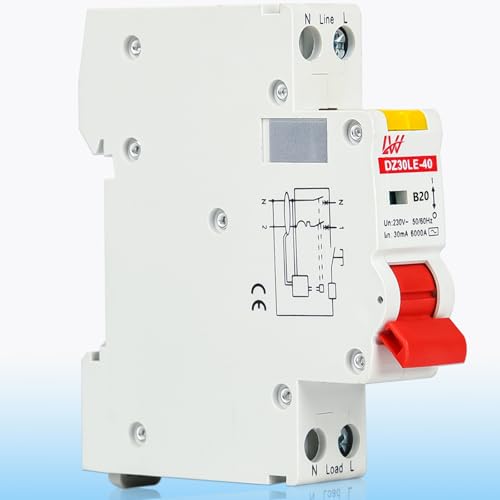 Warmfay FI/LS-Schalter Kompakt RCBO 30mA B20 230V, Fehlerstromschutzschalter 1P+N 6kA, RCD-Geschützter Leistungsschalter 35mm DIN Schienen Montage, Kurve B