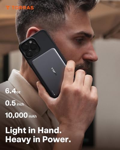 TORRAS MiniMag Power Bank,Ultra-Slim 10,000mAh Magnetic Wireless Portable Charger, 22.5W Fast Charging iPhone Air Magnetic Battery Pack Designed for iPhone 17 Pro Max/17 Pro/Air/16/15/14/13/12, Gray — view 2