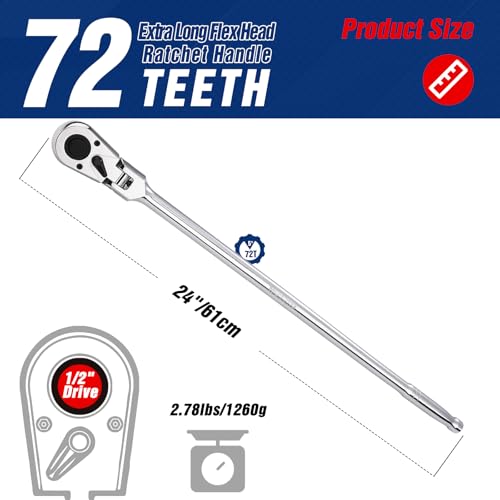 Image of WORKPRO 1 /2 inch Drive Extra Long Flex Head Ratchet, 24 Inch Long CR-V Steel Ratchet Handle with Chromium Plating, CR-MO Head, Quick Release Reversible Design, 72-Tooth