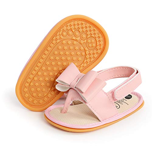 RVROVIC Baby Boys Girls Sandals Premium Infant Summer Outdoor Shoes PU Lightweight Soft Anti-Slip Sole Bow Toddler Prewalker(0-6 Months Infant,5-Pink)