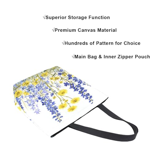 Extra Large Shoulder Tote Bag for Beach Travel Weekender Gym Watercolor Wildflowers Yellow Blue Flowers Reusable Grocery Canvas Shopping Bag4