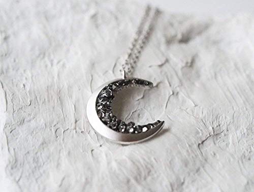 Silver Plated Crescent Moon Encrusted with Black Crystals Jewels Long Necklace3