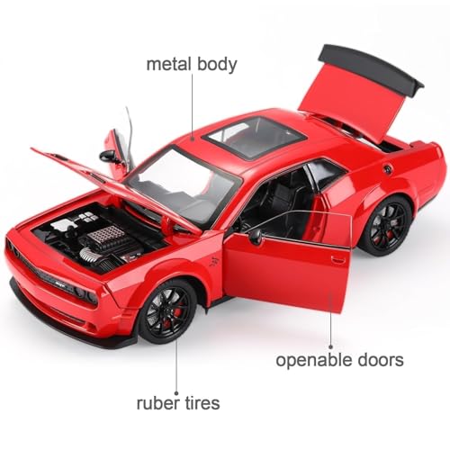 Image of WORSHIPER 1:24 Dodge Challenger SRT Exclusive Alloy Metal Pull Back Die-cast Car Model with Sound Light Mini Auto Toy for Kids for Toy Car with Sound and Light (1:24 Dodge Challenger - Red)
