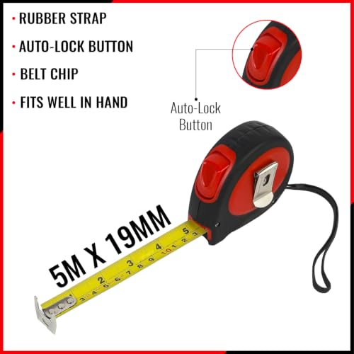 Image of Spartan 5m x 19mm Zest Steel Measuring Tape With Unbreakable ABS Case | Easy Lock Button | Essential Tool for DIY, Craftsmen, Architects, Engineers (Pack Of 1, Red)