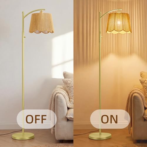 Image of Karjoefar Hand-Woven Shade Rattan Boho Floor Lamps for Living Room Bedroom | 7W Bulb Included, 10-100% Dimmable, 67 inch Tall Farmhouse Floor Lamp for Bedroom Nursery and Living Room with Metal Base & Pole