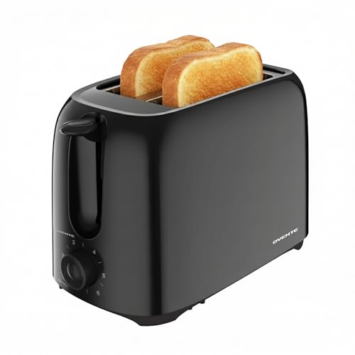 OVENTE Electric 2 Slice Toaster Machine with 6-Shade Browning Selector Setting, Compact Design and Removable Crumb Tray, 700W Power Perfect for Toasting Bread, Thin Bagels and Waffles, Black TP2210B