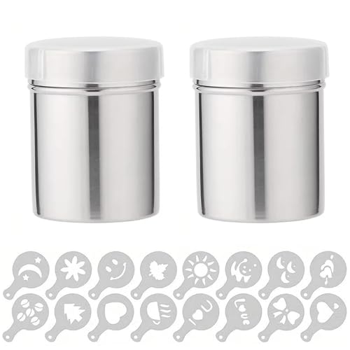 Jimkply Ensemble de saupoudreurs en poudre, 2 pièces en acier inoxydable pour cappuccino, saupoudreurs de cacao avec 16 pochoirs, poudre de cappuccino pour la cuisson à la maison, cafés, restaurants