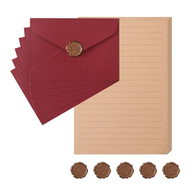 Letter Writing Paper, Envelope for Letters, Love Letter Papers with Envelope Set, Wine Red Linen Texture Design, 6pcs Envelopes, 20 Kraft Paper Sheets, 6 Sealing Wax Stamps Included-image-20