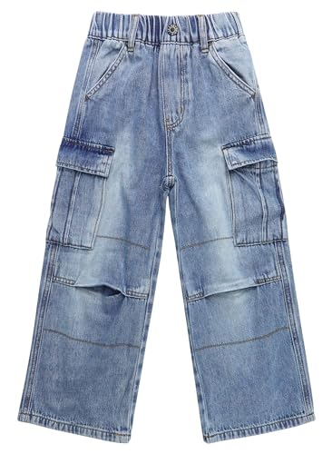 KIDSCOOL SPACE 6-Pocket Girls Wide-Leg Denim Pants, 5-14T Ribbed Waist with Opening On Leg Cargo Jeans
