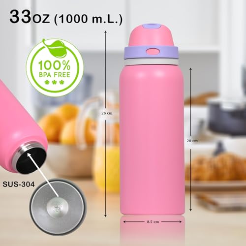 Image of FreeSip Gym Water Bottle with Straw & Chug Lid - Leak Proof Push Button Opening, BPA Free, Large Capacity Sports Bottle with Carry Handle (Pink 33 OZ, 1000 ml)