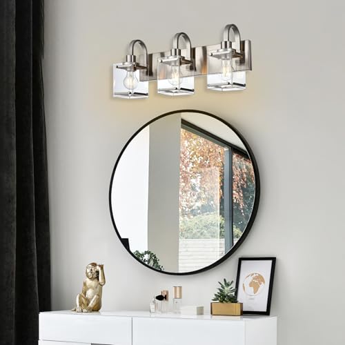 Image of 3-Light Bathroom Vanity Light Fixtures, Modern Vanity Lights with Clear Glass Shade Wall Light Brushed Nickel Wall Sconce Lighting for Living Room, Bedroom Kitchen Farmhouse