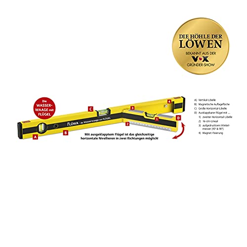 Foto von FLÜWA Wasserwaage mit Flügel 60 cm | Mit aufgedrucktem Winkelmesser (45° & 90°) & magnetischer Unterseite | Ausklappbarer Flügel zum gleichzeitigen Nivellieren in zwei Richtungen