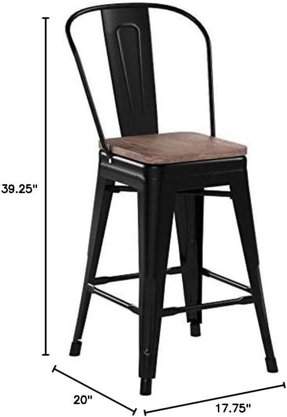 Taylor + Logan 24 Inch High Metal Counter Height Stool with Back and Wood Seat, Set of 4, Black