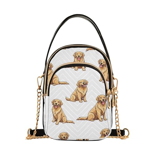 Cute Golden Dogs White Shoulder Handbag Women Cell Phone Wallet Chain Purse Floral Print Designer Satchel Crossbody Bag, 5.9