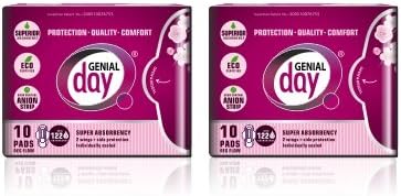 Genial Day Organic Cotton Unscented Eco Certified Super Absorbency Pad with Wings Featuring Odor Control Anion Strip Regular Flow - 2 Packs of 10