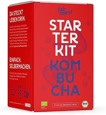 fairment Starterkit Kombucha - Das lebendige Getränk einfach selbermachen - Starter Set mit Bio Kombuch a Pilz (SCOBY), Glas, Zutaten, Zubehör und Rezepten - Kombucha Tee selbst ma