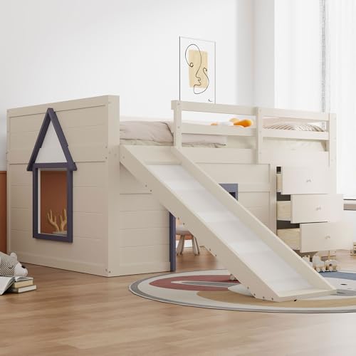 Merax Kinderbett 140x200 Funktionsbett Kinder Hochbett mit Rutsche, Stauraum, Unterhaltungsbereich unter dem Bett - Holzbett mit Lattenrost, Leiter und Rausfallschutz, Kiefer, ohne Matratze, Creme
