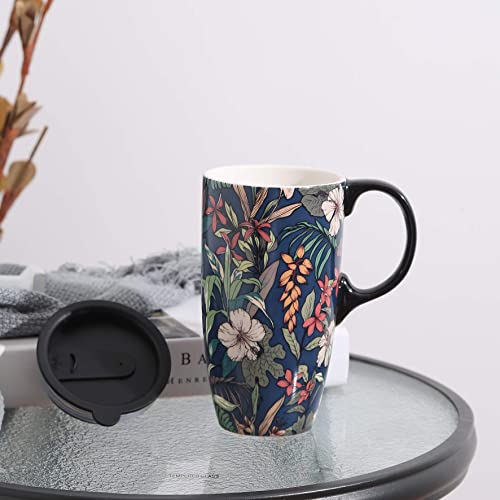 DUSVALLY Ceramic Mug Large Coffee Cup Tall Mugs Porcelain Latte Tea Cup with Lid 17oz,Blue, Medium - Image 3