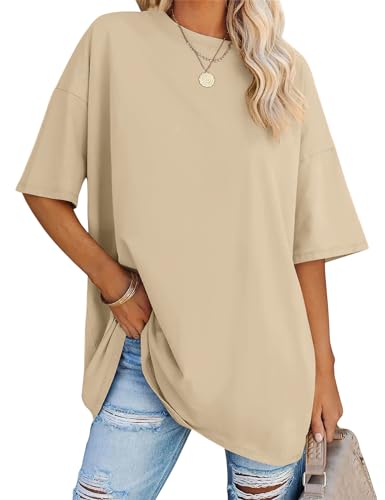 Rapbin Damen Oversized T Shirts Basic Rundhals Kurzarm Locker Bluse Sommer Tops Oberteil Mode (Khaki,L)