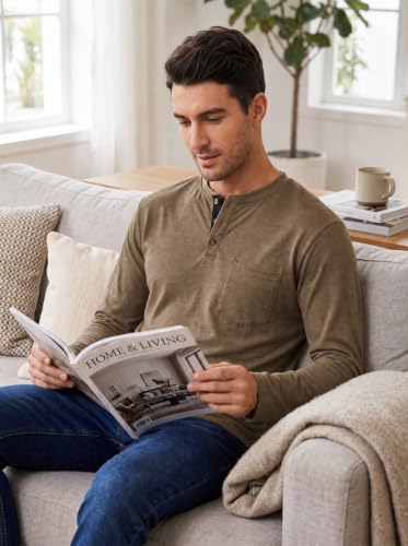 Image of Lexiart Mens Fashion Henley Shirts Long Sleeve Button Cotton T-Shirt with Pocket