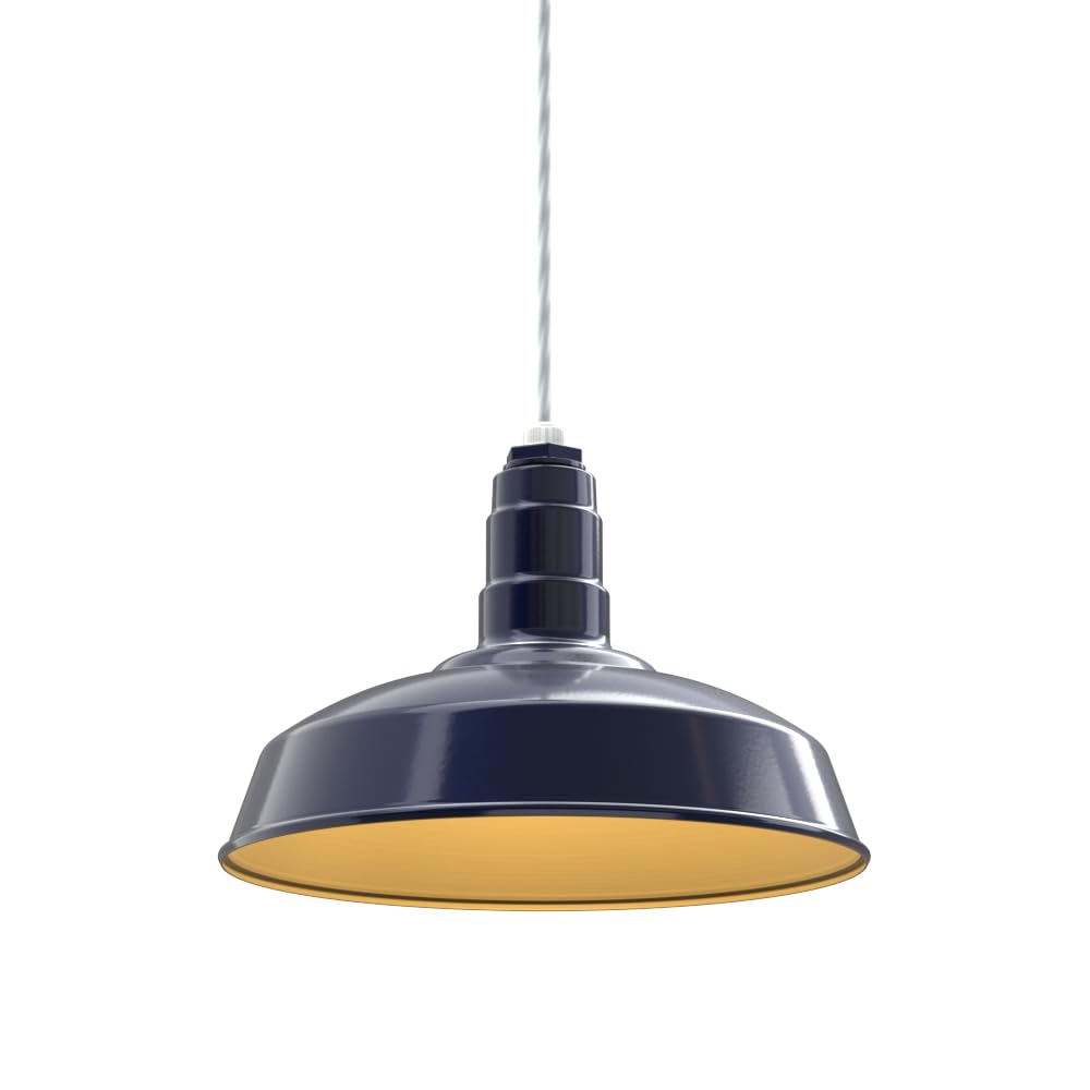 4ft White Cord Barn Light Pendant 16" Dome | Garage | Navy Blue/Brass