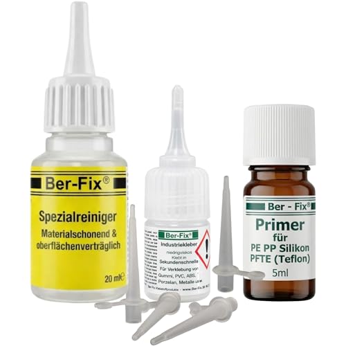 Ber-Fix Kunststoff Set To Go + 4 Spitzen + Reiniger Set aus Industriekleber Ihr Neuer Sekundenkleber extra stark + Primer für PE PP PTFE HDPE Silikon mit Holz Metall ABS GFK Porzelan
