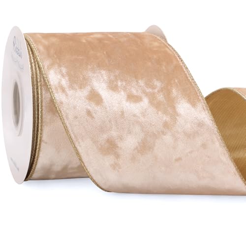 Image of Ribbli Champagne Velvet Wired Ribbon 4 Inch Metallic Champagne Gold Crushed Velvet Christmas Ribbon for Gift Wrapping Christmas Tree Decoration Crafts Wreaths Supplies-Continuous 10 Yards