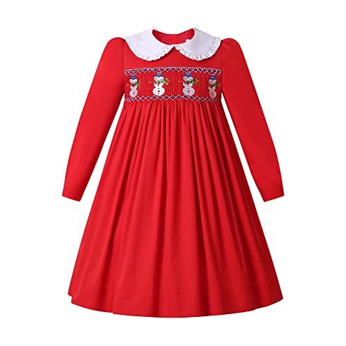 Girls Winter Christmas Red Long Sleeve Smocked Dresses Kids Teen Cute Embroidery Casual Smocking Clothes