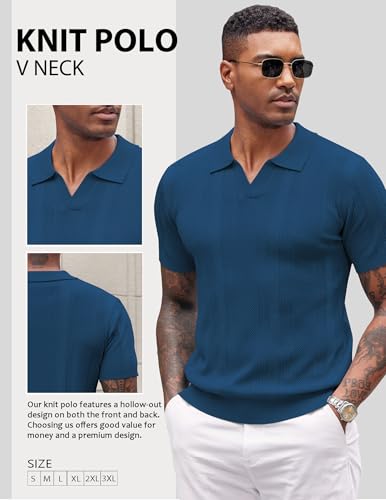 Image of COOFANDY Mens Knit Polo Shirts V Neck Textured Polo Shirts Short Sleeve Breathable Polo Casual Collared T Shirt Fashion Tops