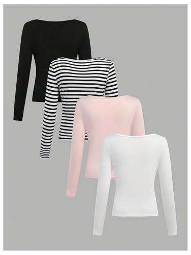 COZYEASE Girl's Long Sleeve V Neck T-Shirt Ruched Soft Basic Fitted Shirt Pack of 42