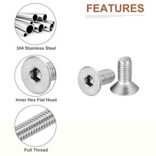 Image of DTGN M5-0.8 x 12mm Flat Head Socket Cap Screws, 100 Pack 304 Stainless Steel Hex Socket Flat Head Screws, Full Thread, Countersunk Bolts