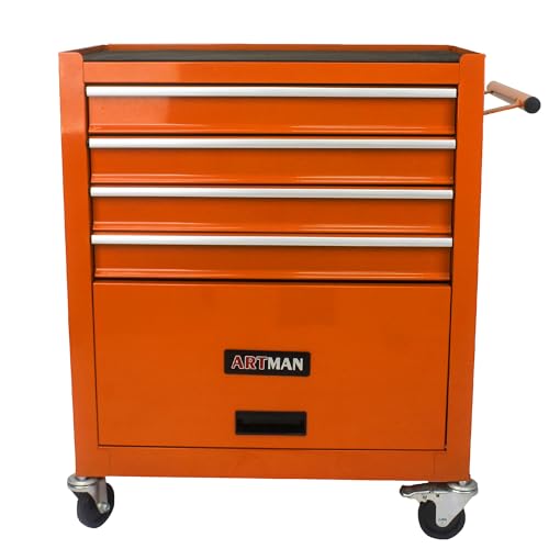 Campfun Tool Cart 4-Drawer, Metal Tool Storage Organizer Cabinet with Interlock System and Wheels, Multifunctional Mechanic Tool Chest for Garage, Warehouse, Workshop Repair Shop, Orange