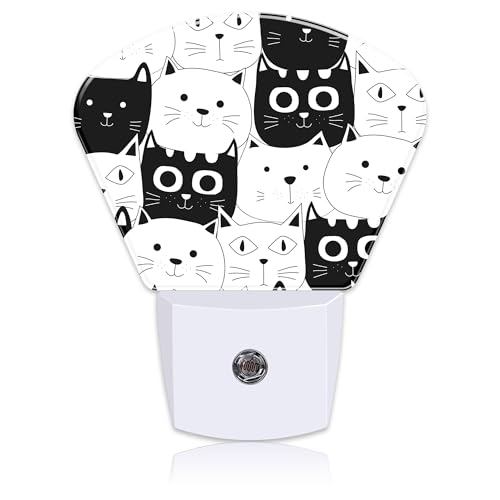 Image of Cute Black and White Cat Night Light for Kids, Doodle Cat LED Night Light Plug into Wall with Dusk to Dawn Sensor for Girls Boys Women Men Room, Hallway, Kitchen, Bathroom, Stairs Decor