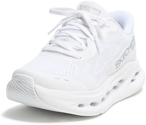 Skechers Women's Max Cushioning Glide Step Caledonia Hands Free Slip-ins Sneaker, White/Silver, 9.5