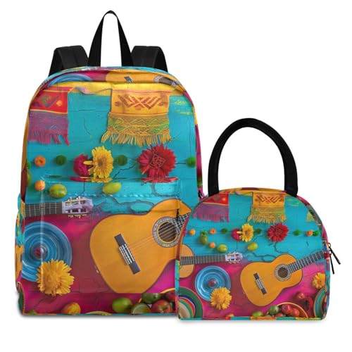 Backpack Lunch Bag Set Mexican Festival Print, Big Storage Travel Backpacks with Insulated Lunch Box for Office Hiking Picnic