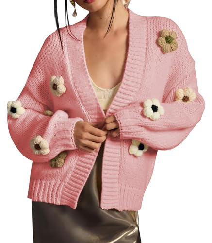 Cakulo Womens 2024 Cardigan Sweaters Fall Oversized Chunky 3D Flower Open Front Knit Cardigans Trendy Pink S
