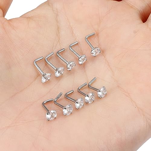 Cisyozi 18G Nose Rings Studs Hypoallergenic Nose Piercings 316L Surgical Steel Silver Nose Rings Set L Shaped Nose Nostril Piercing Jewelry for Women Men Diamond CZ 1.5mm 2mm 2.5mm 3mm 3.5mm 4mm2