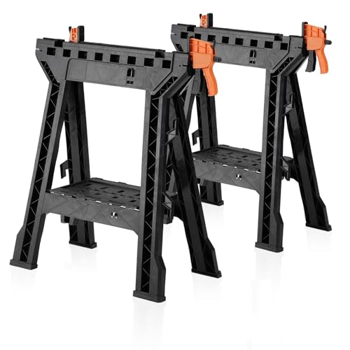 ZYJOYY Saw Horses 2 Pack-Folding Heavy Duty Clamping Sawhorse 1000 LBS Load Capacity, Workhorse with Bar Clamps, Built-in Tool Tray and Cord Hooks